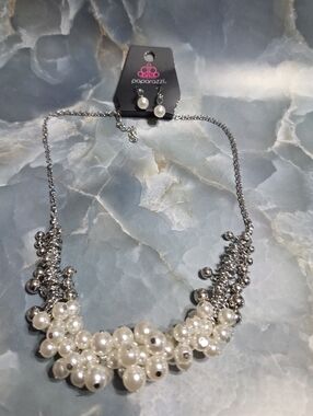 Paparazzi Silver & Pearl Cluster Necklace with Matching Earrings